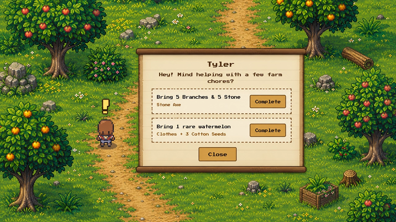 Tyler dialog window with farm chores on a grassy path